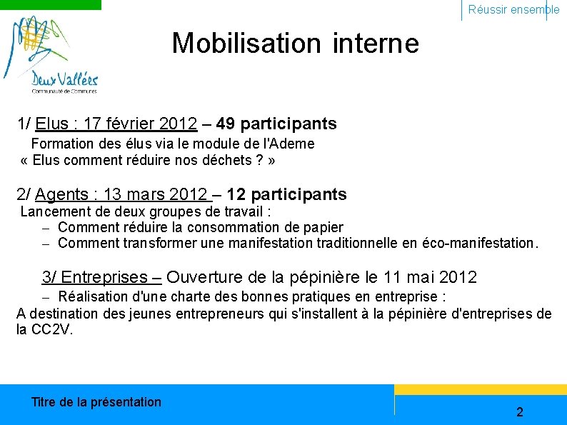 Réussir ensemble Mobilisation interne 1/ Elus : 17 février 2012 – 49 participants Formation