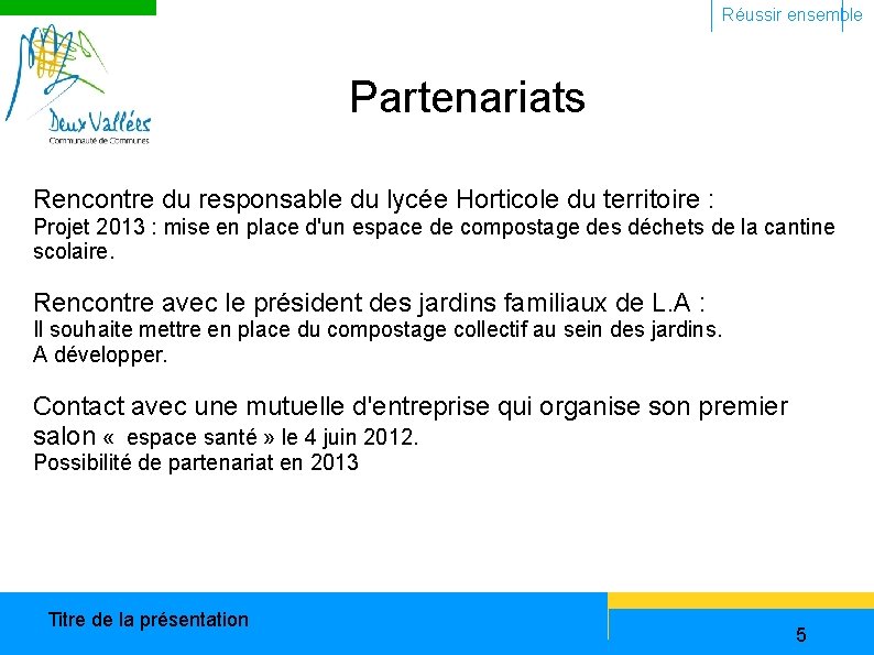 Réussir ensemble Partenariats Rencontre du responsable du lycée Horticole du territoire : Projet 2013