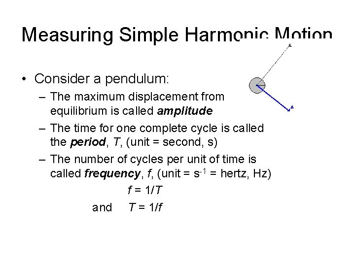 Measuring Simple Harmonic Motion • Consider a pendulum: – The maximum displacement from equilibrium