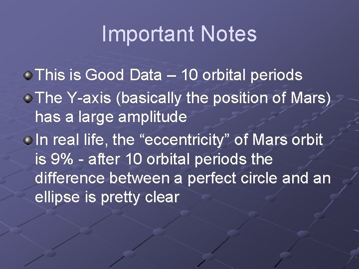 Important Notes This is Good Data – 10 orbital periods The Y-axis (basically the