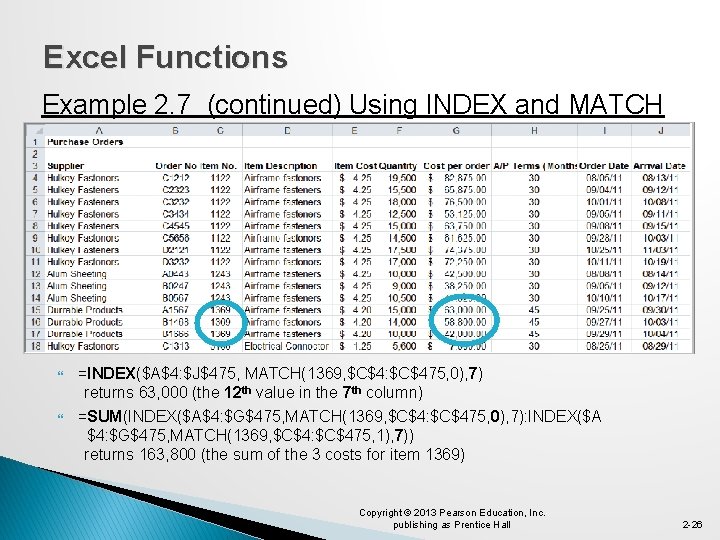 Excel Functions Example 2. 7 (continued) Using INDEX and MATCH =INDEX($A$4: $J$475, MATCH(1369, $C$4: