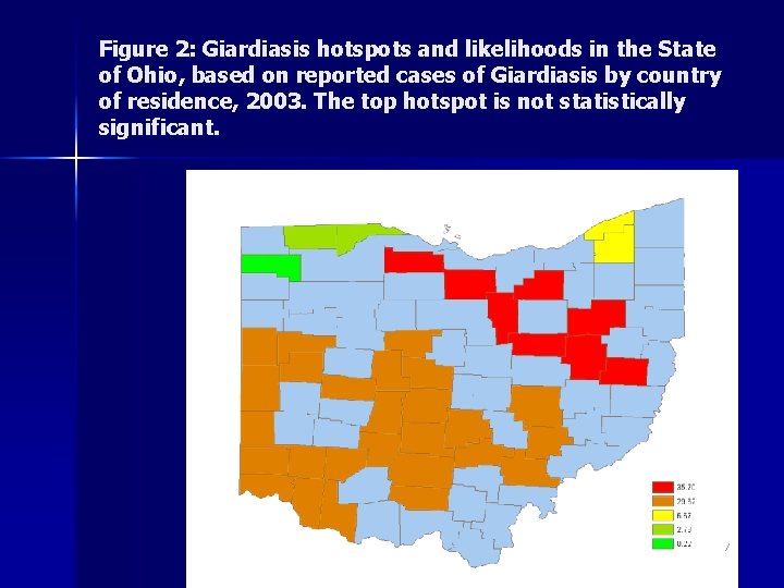 Figure 2: Giardiasis hotspots and likelihoods in the State of Ohio, based on reported