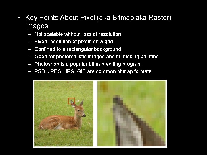  • Key Points About Pixel (aka Bitmap aka Raster) Images – – –