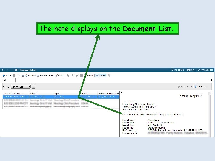 The note displays on the Document List. 