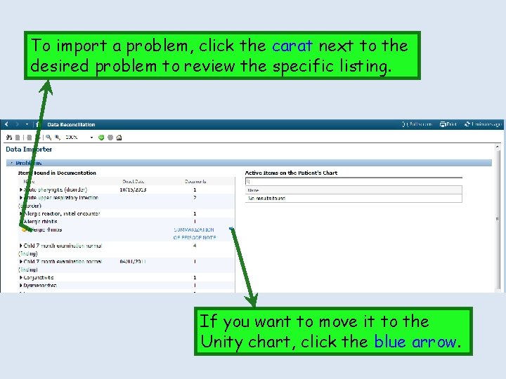 To import a problem, click the carat next to the desired problem to review