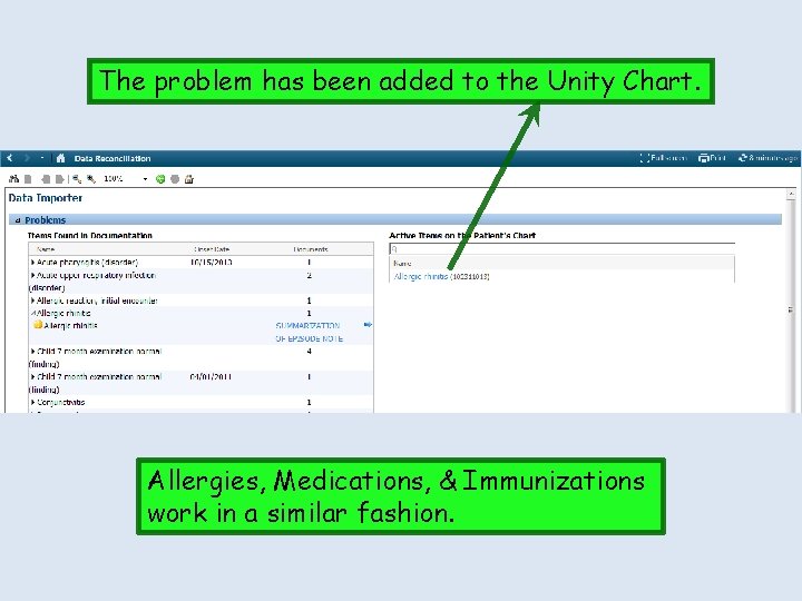 The problem has been added to the Unity Chart. Allergies, Medications, & Immunizations work