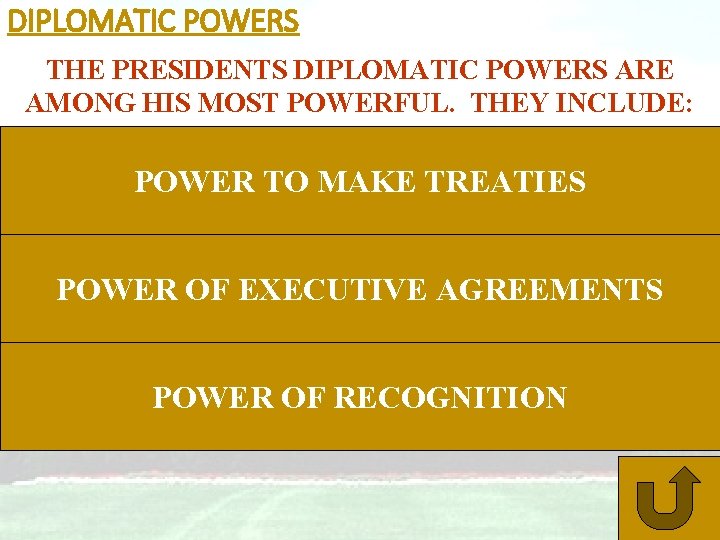 DIPLOMATIC POWERS THE PRESIDENTS DIPLOMATIC POWERS ARE AMONG HIS MOST POWERFUL. THEY INCLUDE: POWER