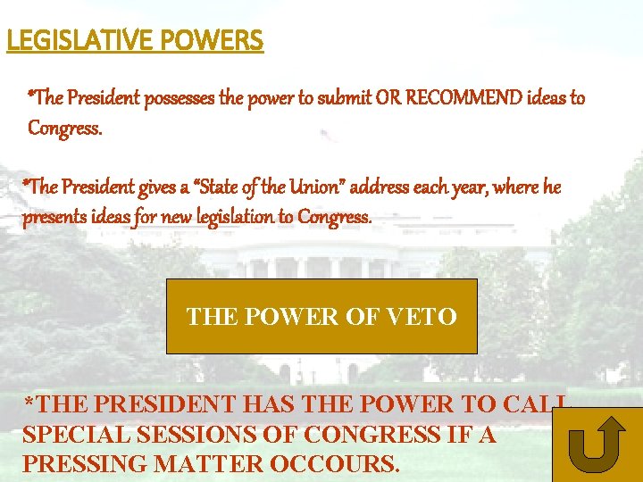 LEGISLATIVE POWERS *The President possesses the power to submit OR RECOMMEND ideas to Congress.