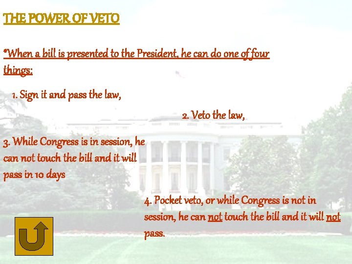 THE POWER OF VETO *When a bill is presented to the President, he can