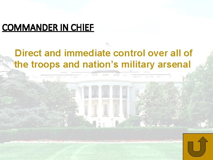 COMMANDER IN CHIEF Direct and immediate control over all of the troops and nation’s