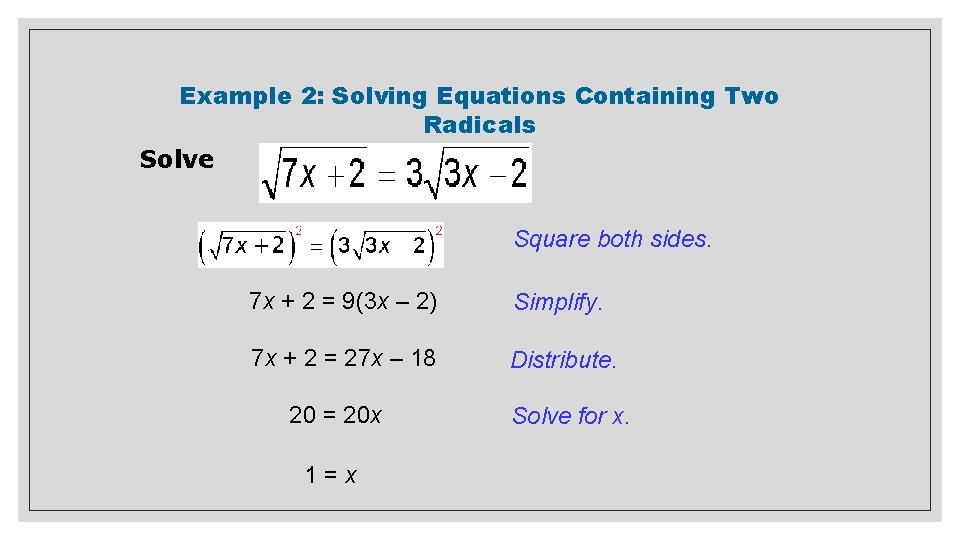 Example 2: Solving Equations Containing Two Radicals Solve Square both sides. 7 x +