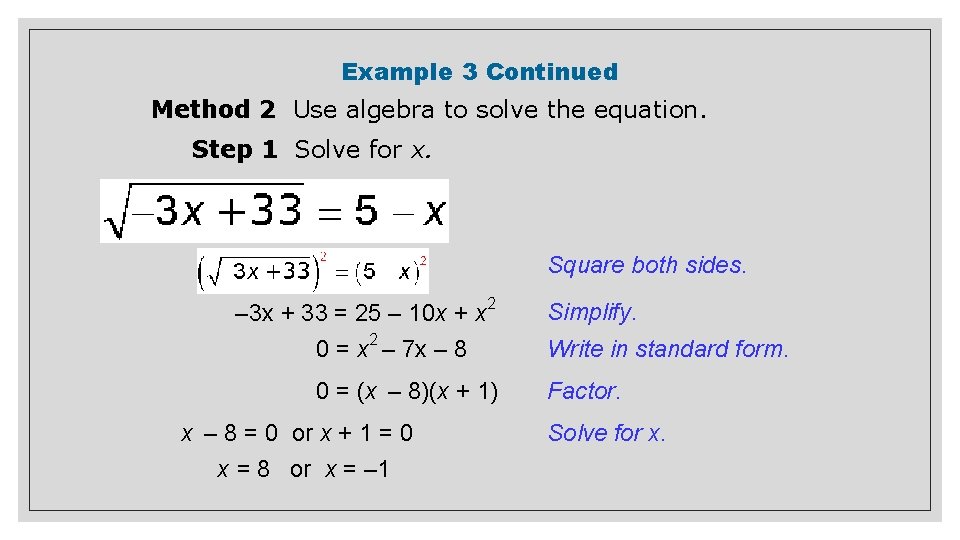 Example 3 Continued Method 2 Use algebra to solve the equation. Step 1 Solve