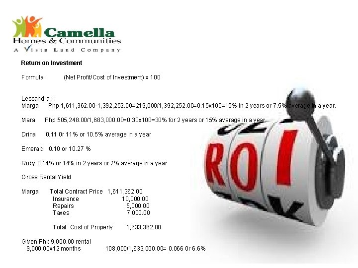 Return on Investment Formula: (Net Profit/Cost of Investment) x 100 Lessandra : Marga Php