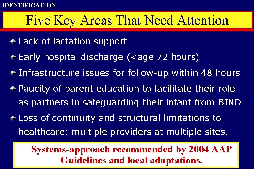 IDENTIFICATION Five Key Areas That Need Attention Lack of lactation support Early hospital discharge