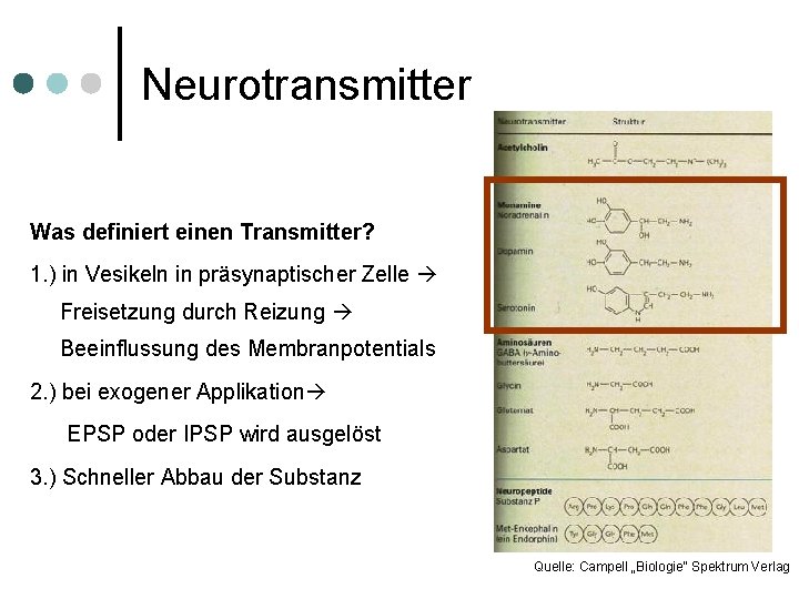 Neurotransmitter Was definiert einen Transmitter? 1. ) in Vesikeln in präsynaptischer Zelle Freisetzung durch