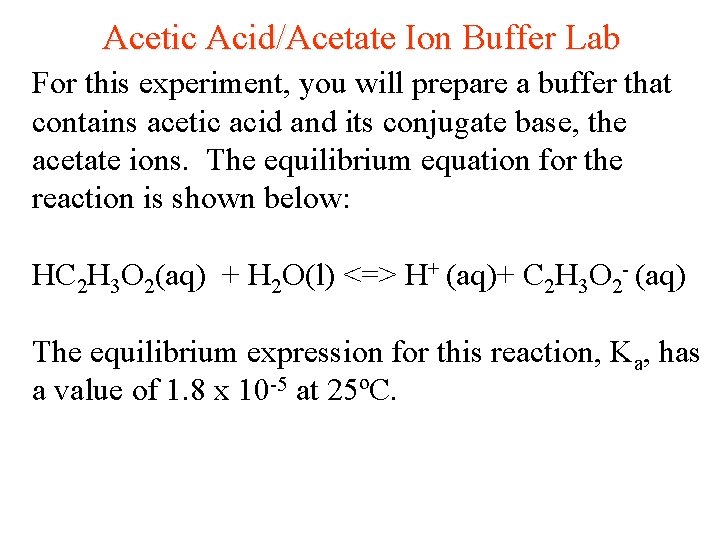 Acetic Acid/Acetate Ion Buffer Lab For this experiment, you will prepare a buffer that