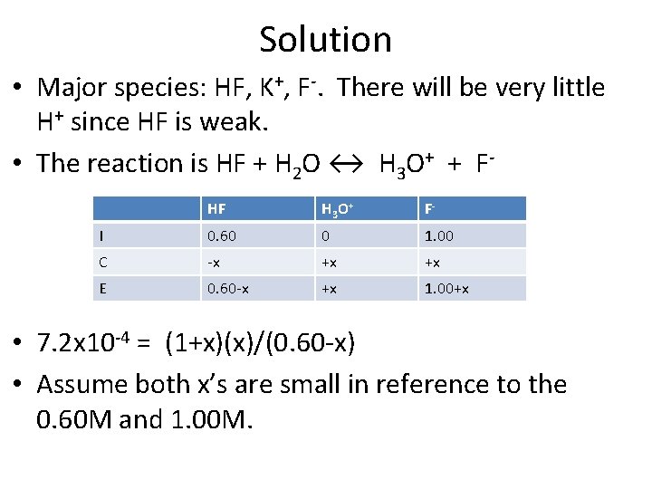Solution • Major species: HF, K+, F-. There will be very little H+ since
