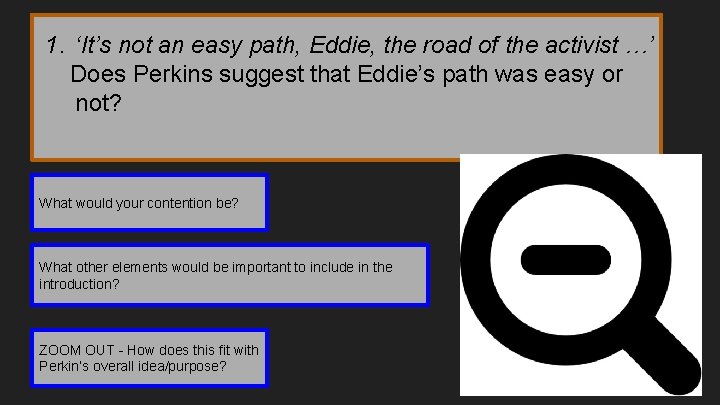 1. ‘It’s not an easy path, Eddie, the road of the activist …’ Does