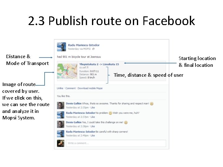 2. 3 Publish route on Facebook Distance & Mode of Transport Starting location &