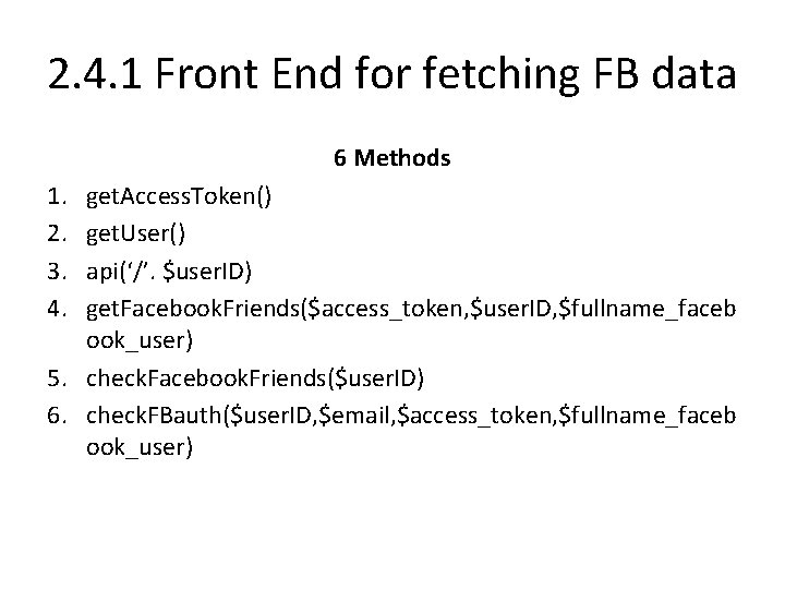 2. 4. 1 Front End for fetching FB data 6 Methods 1. 2. 3.