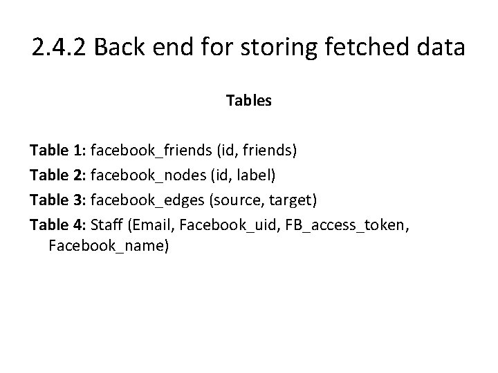 2. 4. 2 Back end for storing fetched data Tables Table 1: facebook_friends (id,