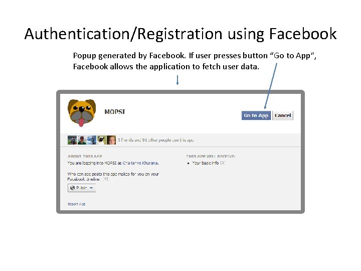 Authentication/Registration using Facebook Popup generated by Facebook. If user presses button “Go to App”,