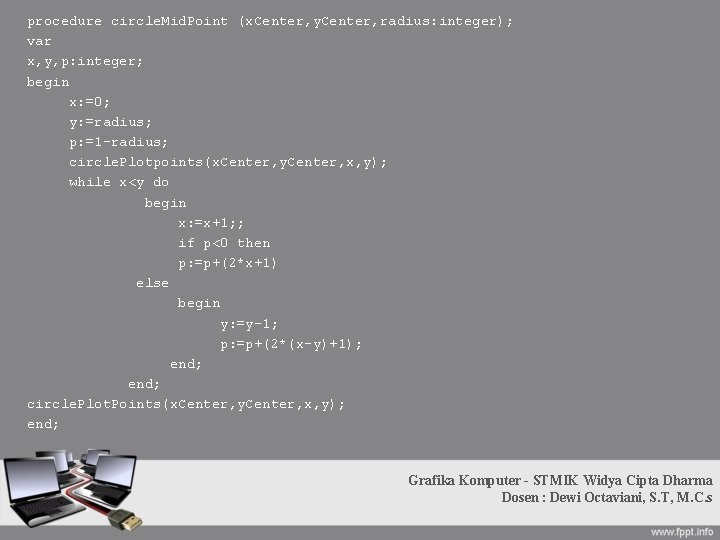 procedure circle. Mid. Point (x. Center, y. Center, radius: integer); var x, y, p: