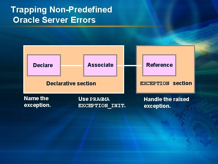 Trapping Non-Predefined Oracle Server Errors Declare Associate Declarative section Name the exception. Use PRAGMA