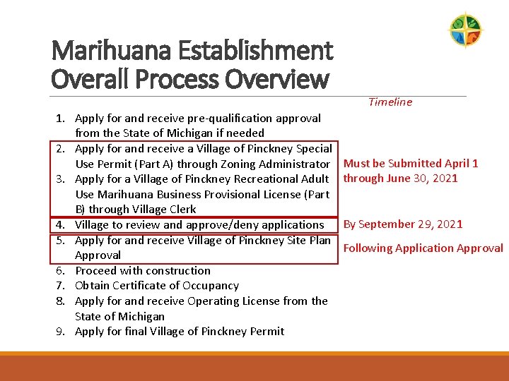 Marihuana Establishment Overall Process Overview 1. Apply for and receive pre-qualification approval from the