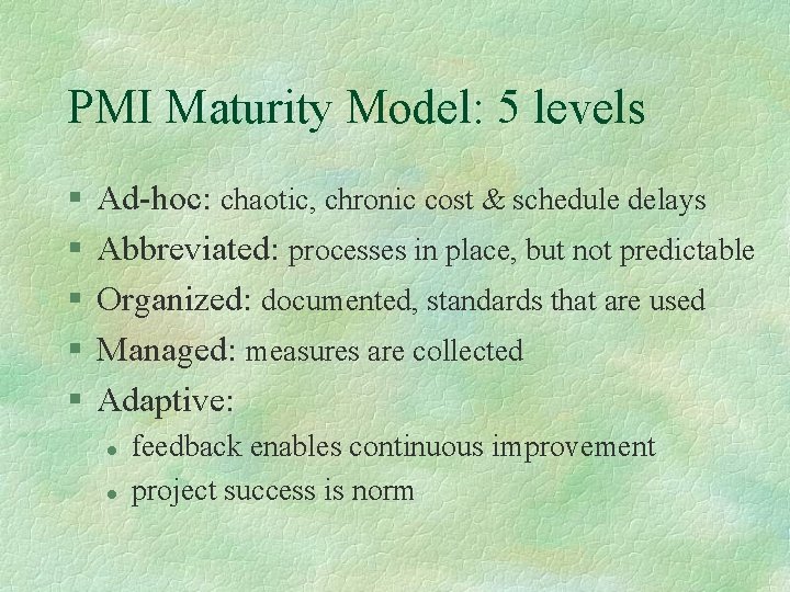 PMI Maturity Model: 5 levels § § § Ad-hoc: chaotic, chronic cost & schedule