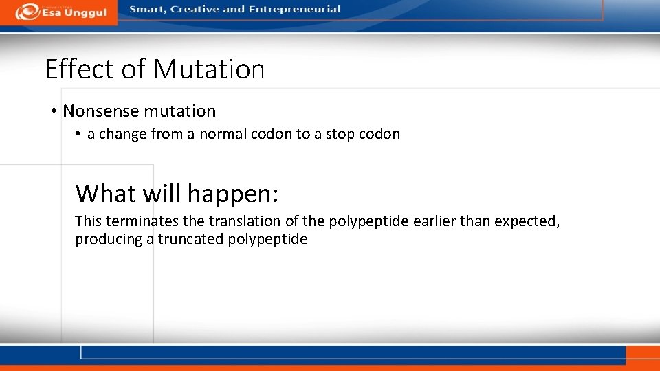 Effect of Mutation • Nonsense mutation • a change from a normal codon to