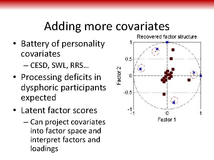 Adding more covariates • Battery of personality covariates – CESD, SWL, RRS… • Processing