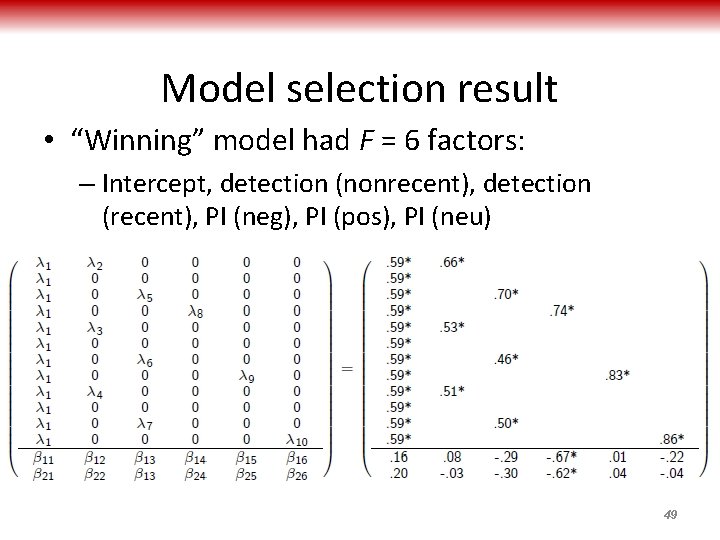 Model selection result • “Winning” model had F = 6 factors: – Intercept, detection