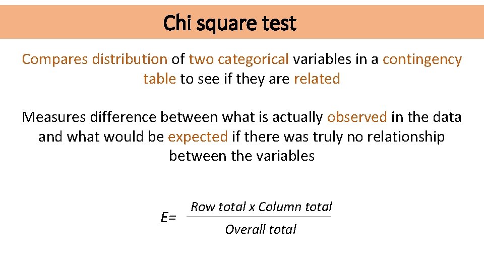 Chi square test Compares distribution of two categorical variables in a contingency table to