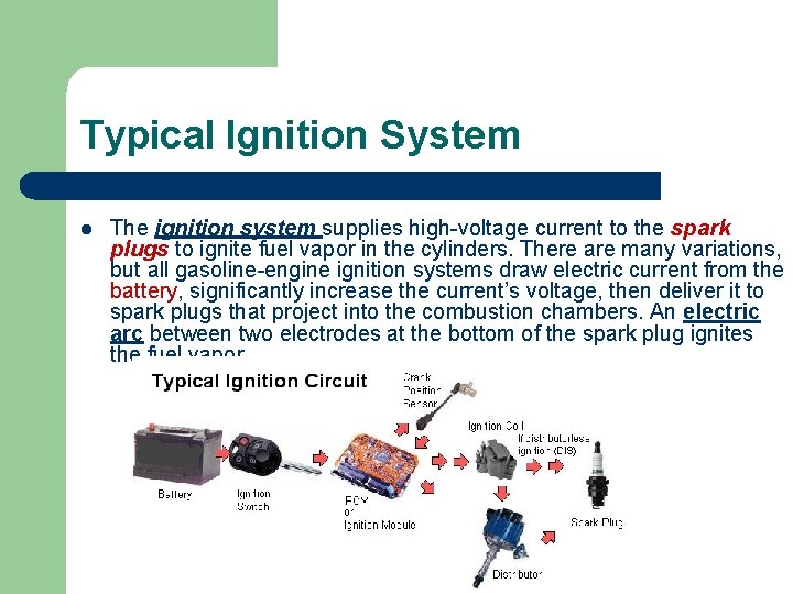 Typical Ignition System l The ignition system supplies high-voltage current to the spark plugs