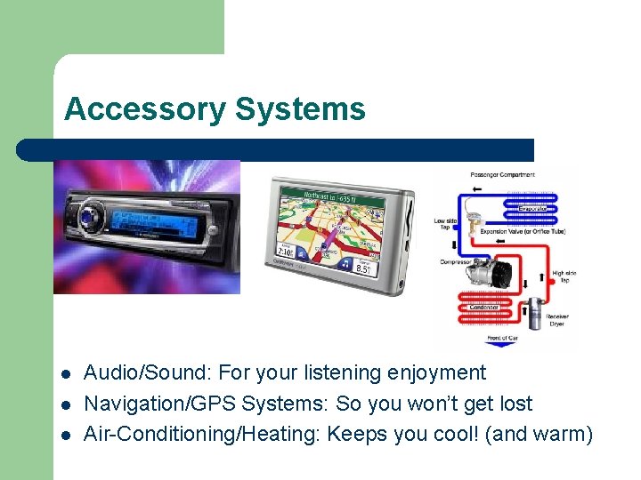 Accessory Systems l l l Audio/Sound: For your listening enjoyment Navigation/GPS Systems: So you