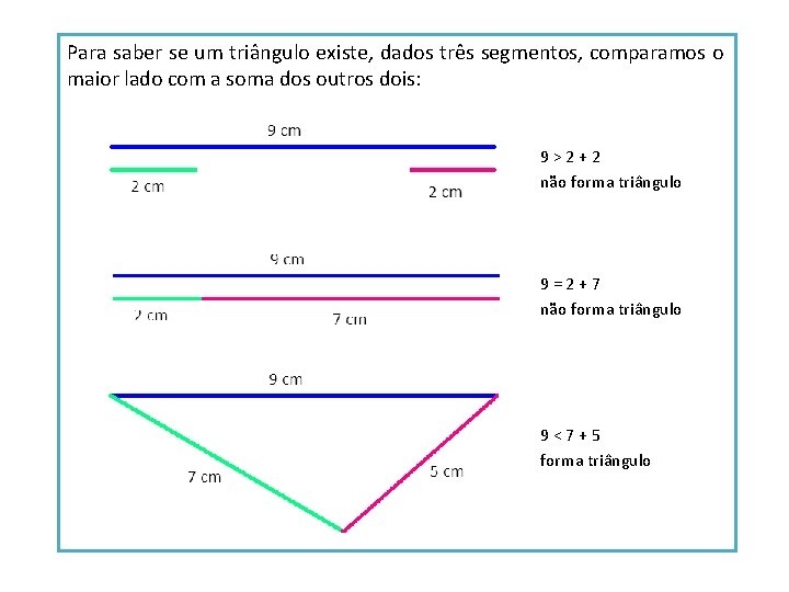 Para saber se um triângulo existe, dados três segmentos, comparamos o maior lado com