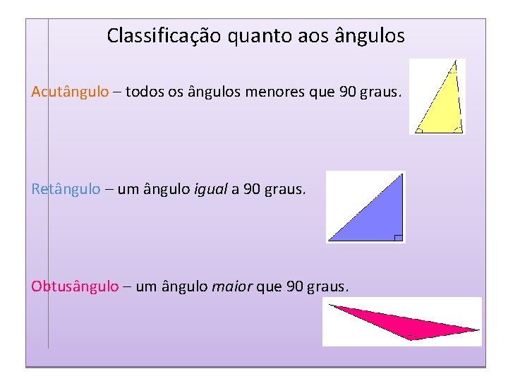 Classificação quanto aos ângulos Acutângulo – todos os ângulos menores que 90 graus. Retângulo