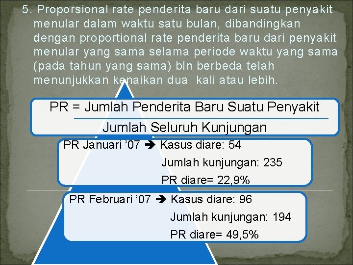 5. Proporsional rate penderita baru dari suatu penyakit menular dalam waktu satu bulan, dibandingkan