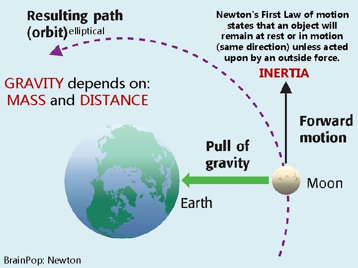 elliptical GRAVITY depends on: MASS and DISTANCE Brain. Pop: Newton's First Law of motion