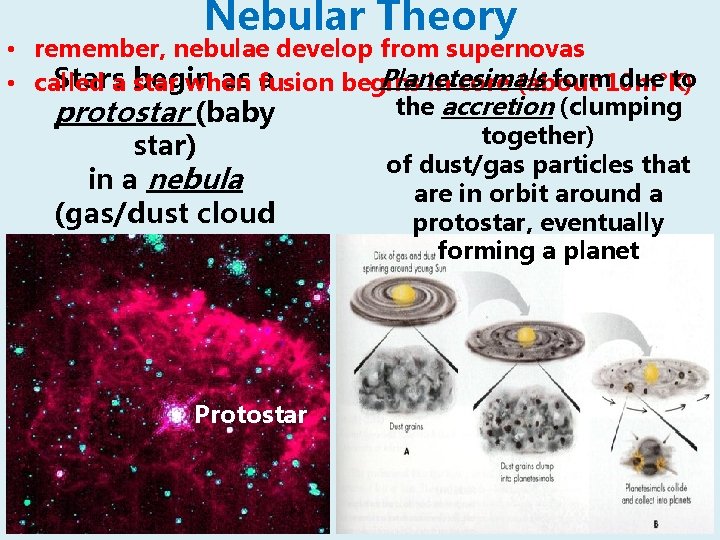 Nebular Theory • remember, nebulae develop from supernovas Planetesimals form 10 m°K) due to