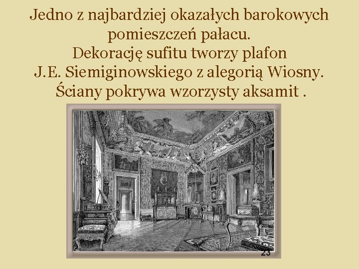 Jedno z najbardziej okazałych barokowych pomieszczeń pałacu. Dekorację sufitu tworzy plafon J. E. Siemiginowskiego