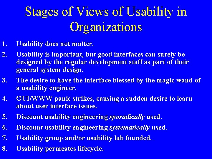 Stages of Views of Usability in Organizations 1. 2. 3. 4. 5. 6. 7.