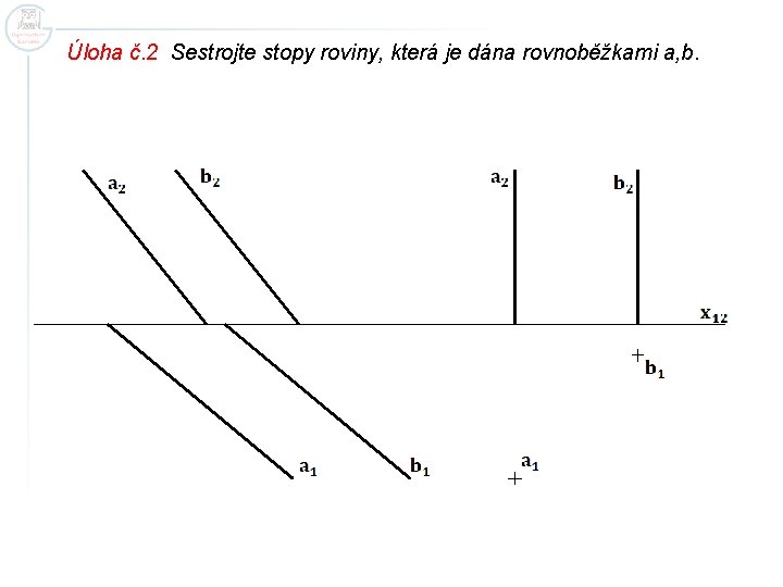 Úloha č. 2 Sestrojte stopy roviny, která je dána rovnoběžkami a, b. 