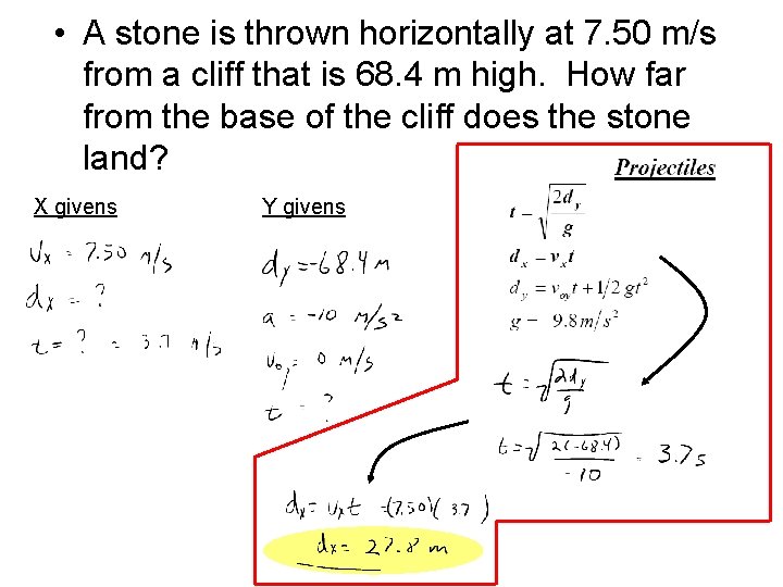  • A stone is thrown horizontally at 7. 50 m/s from a cliff