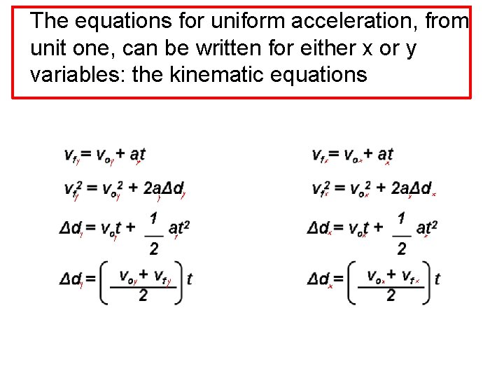 The equations for uniform acceleration, from unit one, can be written for either x
