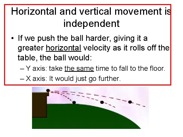 Horizontal and vertical movement is independent • If we push the ball harder, giving