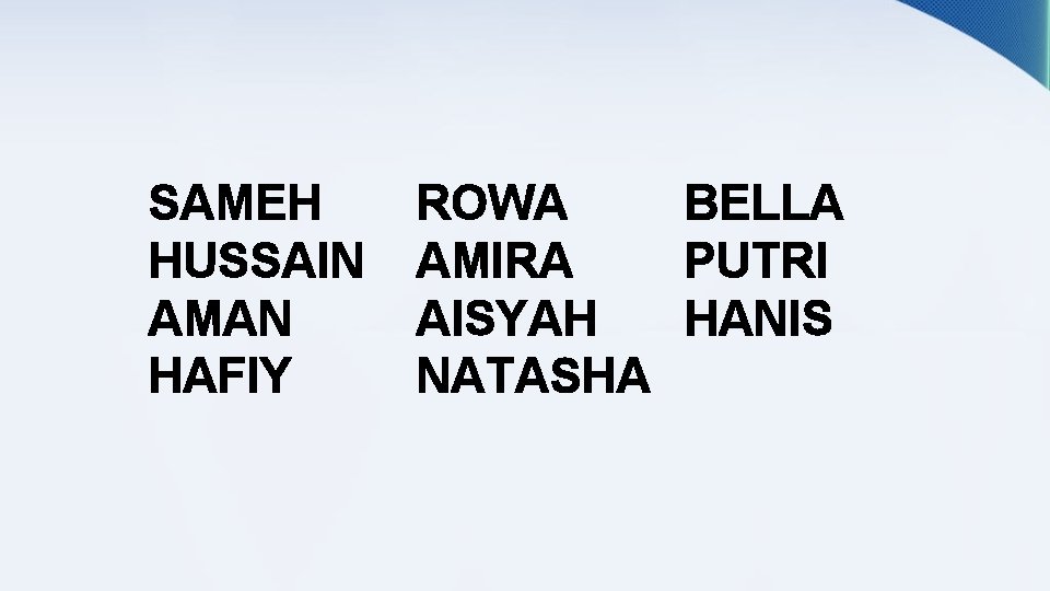 SAMEH HUSSAIN AMAN HAFIY ROWA BELLA AMIRA PUTRI AISYAH HANIS NATASHA 