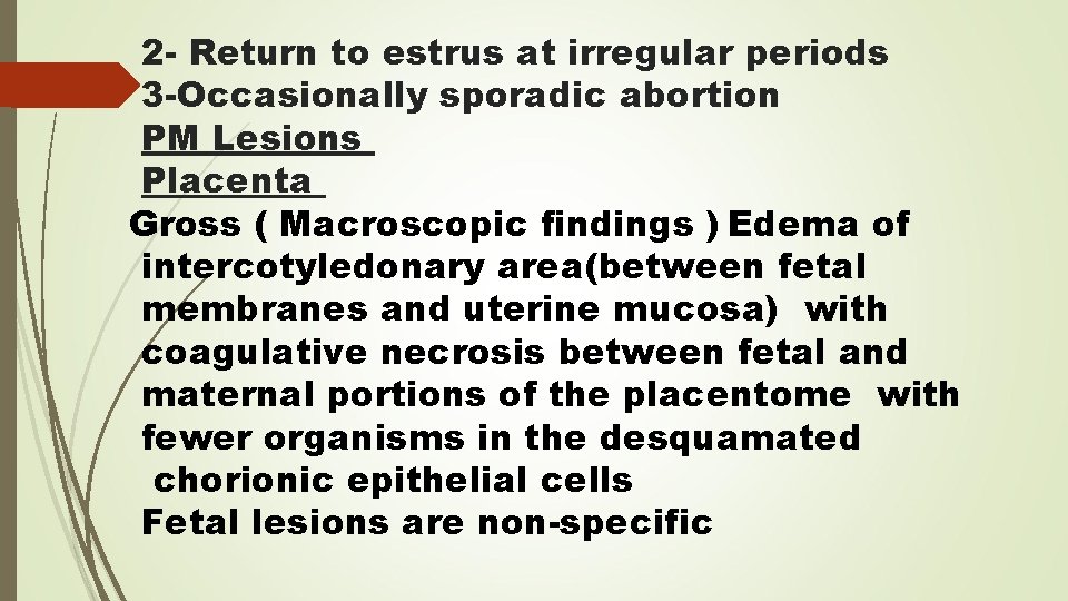 2 - Return to estrus at irregular periods 3 -Occasionally sporadic abortion PM Lesions