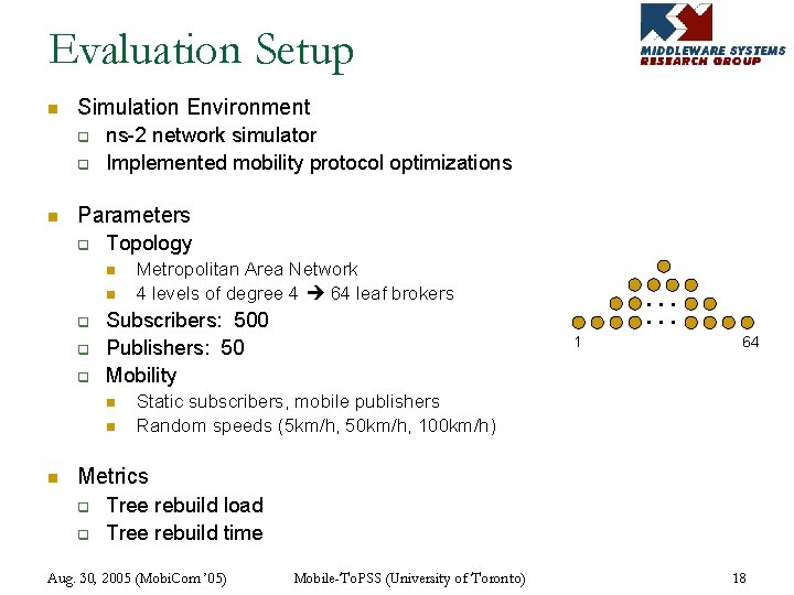 Evaluation Setup n Simulation Environment q q n ns-2 network simulator Implemented mobility protocol
